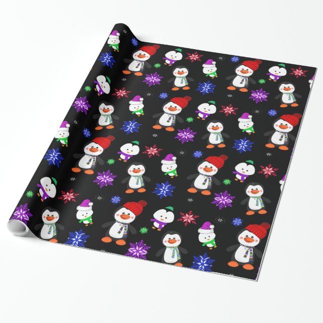 Papel De Regalo Pingüinos y copos de nieve adorables Navidades (Desenrollado)