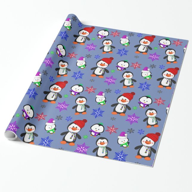 Papel De Regalo Pingüinos y copos de nieve adorables Navidades (Desenrollado)