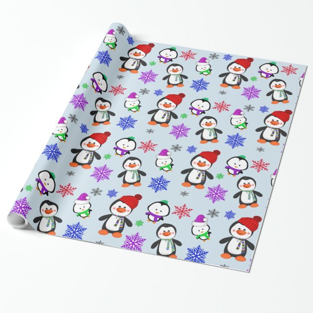 Papel De Regalo Pingüinos y copos de nieve adorables Navidades (Desenrollado)