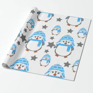 Papel De Regalo Pingüinos y estrellas azul divertido