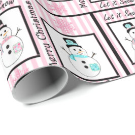 Papel De Regalo Pink and Black Merry Christmas Snowman Gift Wrap