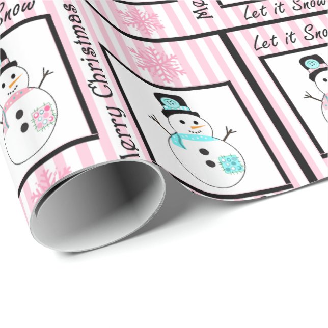 Papel De Regalo Pink and Black Merry Christmas Snowman Gift Wrap (Esquina del rollo)