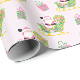 Papel De Regalo Pink and Green Preppy Palm Beach Santa Claus