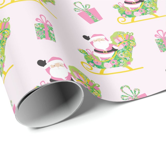 Papel De Regalo Pink and Green Preppy Palm Beach Santa Claus (Esquina del rollo)