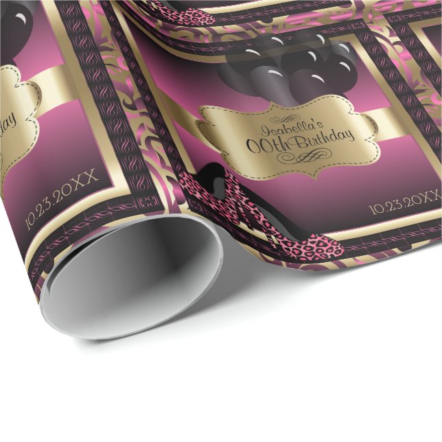 Papel De Regalo Pink, Black & Gold Metallic - Cumpleaños número 00 (Esquina del rollo)