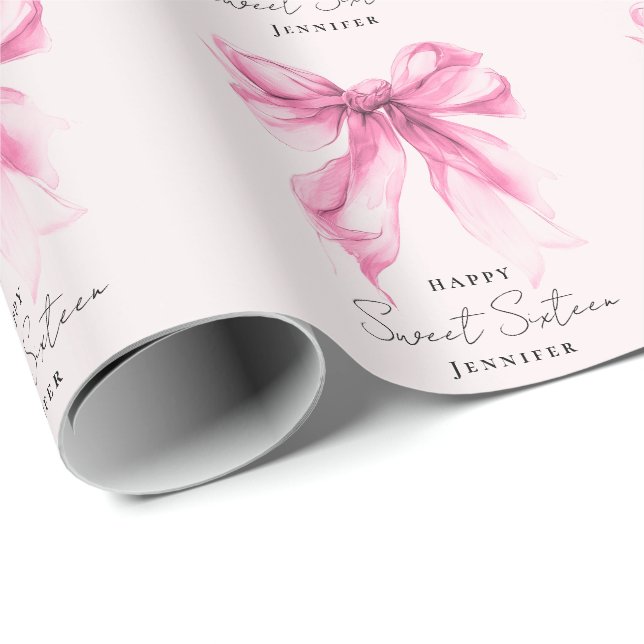 Papel De Regalo Pink Bow Coquette Script Sweet 16 Party Blush  (Esquina del rollo)