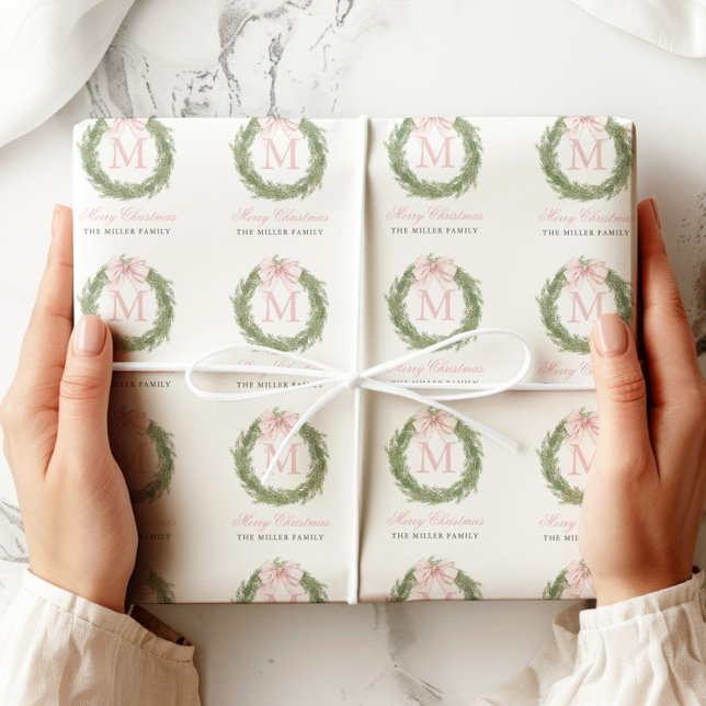Papel De Regalo Pink Bow Monogram Wreath Christmas (Subido por el creador)