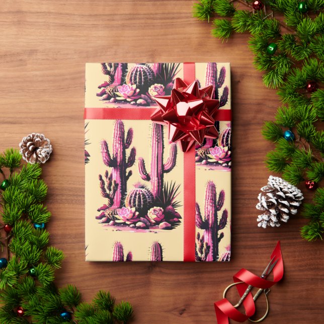 Papel De Regalo Pink Cacti Batch-Tan Background (Regalo de vacaciones)