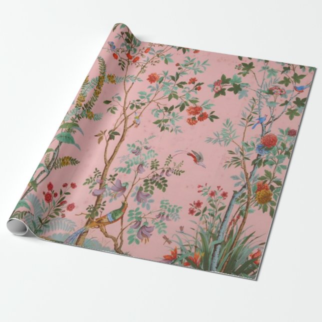 Papel De Regalo Pink Chinoiserie Bird Floral Elegant Decoupage  (Desenrollado)