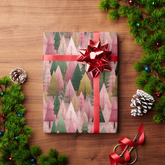 Papel De Regalo Pink Christmas Art with Gold Branches (Regalo de vacaciones)