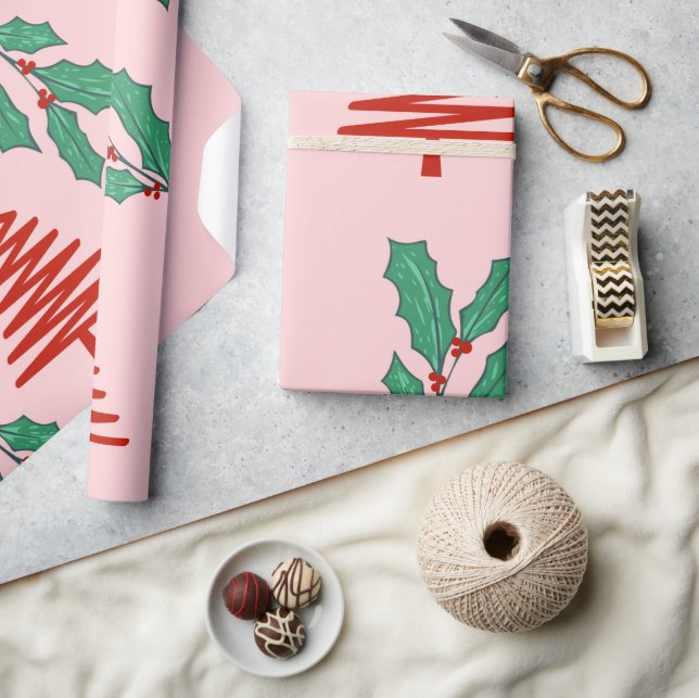 Papel De Regalo Pink Christmas trees and holly's  (Artesanía)