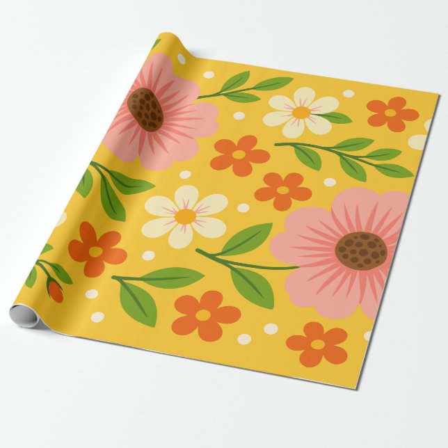 Papel De Regalo Pink, cream & Orange Flowers with Green Leaves (Desenrollado)