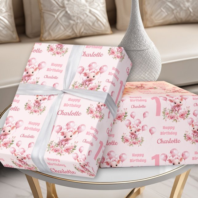 Papel De Regalo Pink Cute Piggy Pink Farm Chica 1er cumpleaños (Pink Cute Piggy Pink Farm Girl 1st Birthday Wrapping Paper)