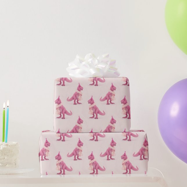 Papel De Regalo Pink cute t-rex dinasour with boa and party hat (Regalos de fiesta)