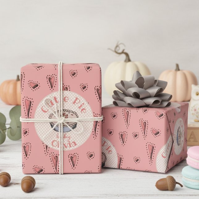 Papel De Regalo Pink Cutie Pie Baby Girl (Cutie Pie Thanksgiving October November Birthday & Fall Baby Shower Wrapping Paper. Heart Cherry Pie)