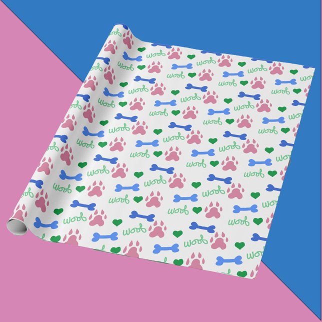 Papel De Regalo Pink Dog Paws Blue Bones Green Hearts Woof Pattern (A wrapping paper with pink dog paws, blue dog bones, green hearts and woof.)