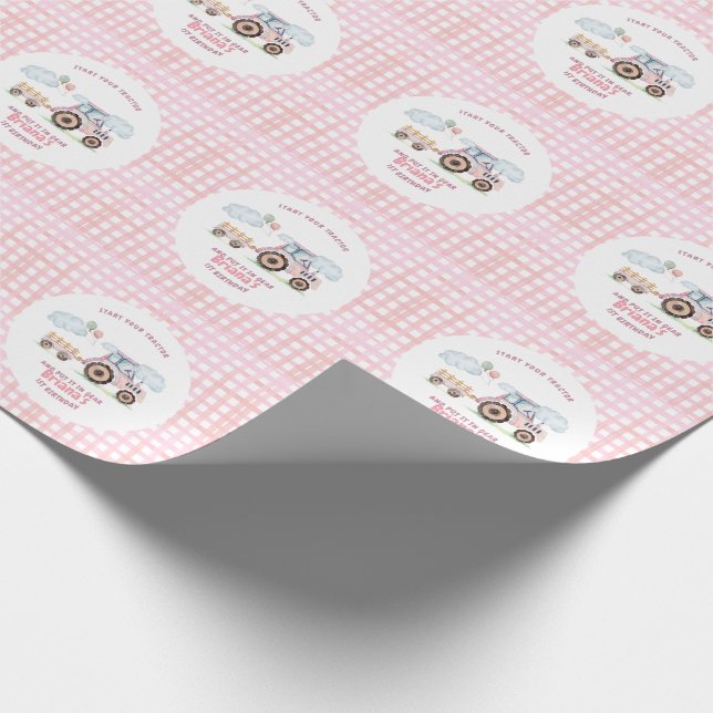 Papel De Regalo Pink Farm Tractor Girl Any Age Birthday (Esquina)