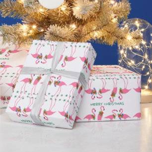 Papel De Regalo Pink Flamingos Merry Christmas Pattern