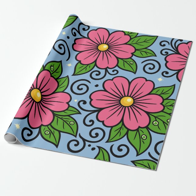 Papel De Regalo Pink Florals with Green Leaves and Curved Details (Desenrollado)