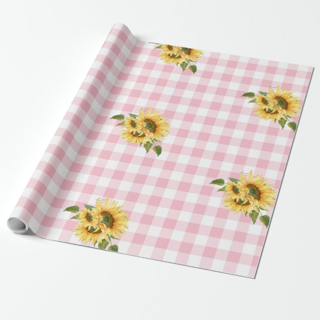Papel De Regalo Pink Gingham Sunflower Baby Shower (Desenrollado)