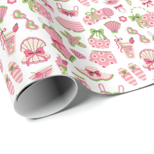 Papel De Regalo Pink & Green Coquette Summer Beach Vacation (Esquina del rollo)