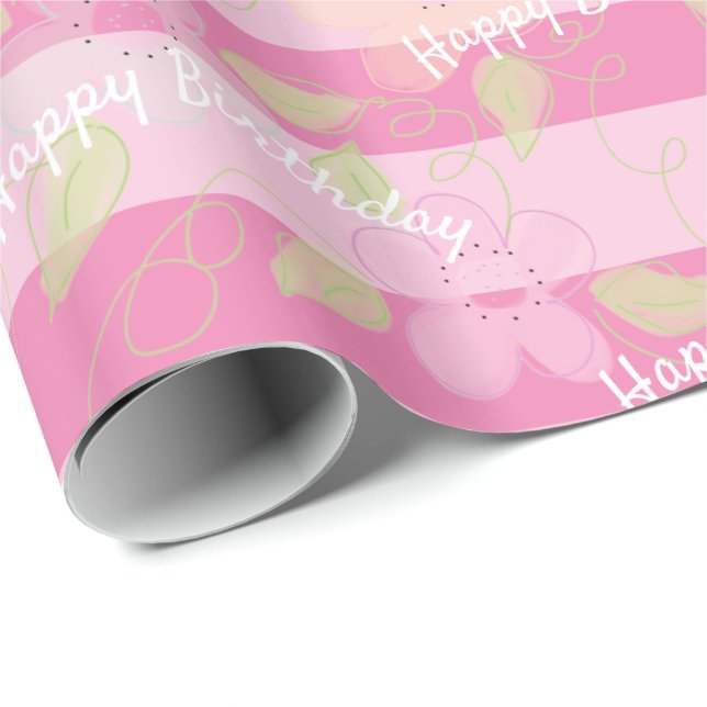 Papel De Regalo Pink Happy Birday Designer con flores (Esquina del rollo)