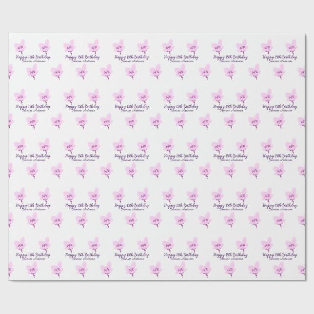 Papel De Regalo Pink mauve floral 15th birthday quinceanera name d (Superficie plana)