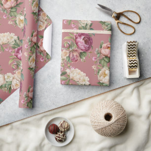 Papel De Regalo Pink Mauve Peony Floral Wreath Brillante