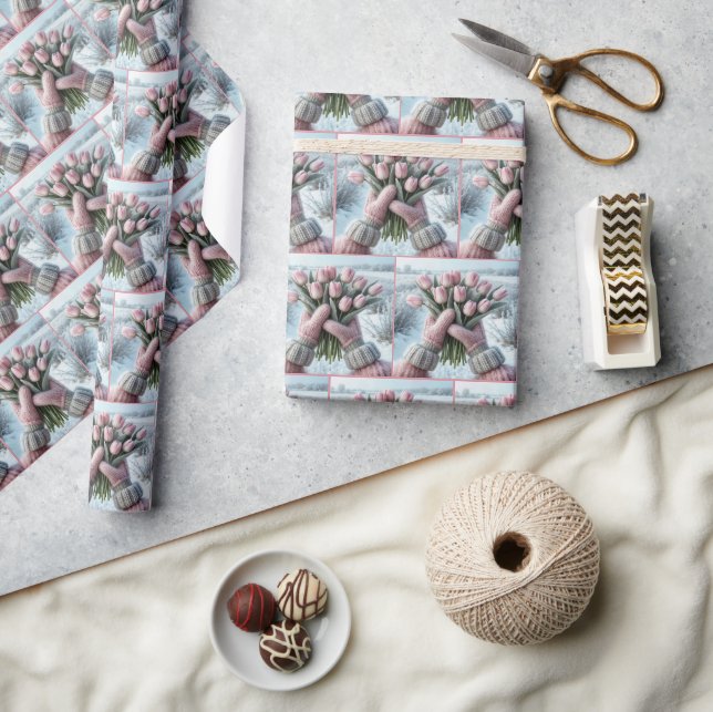 Papel De Regalo Pink Mittens Holding Tulip Bouquet (Artesanía)