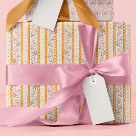 Papel De Regalo Pink Orange Dainty Floral Stripes Patterned