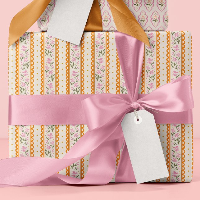 Papel De Regalo Pink Orange Dainty Floral Stripes Patterned (Pretty vintage style pink floral striped wrapping paper roll with orange scallops and yellow dots)