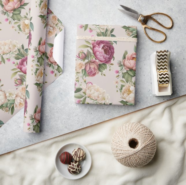 Papel De Regalo Pink Peony Floral Wreath Brillante (Artesanía)