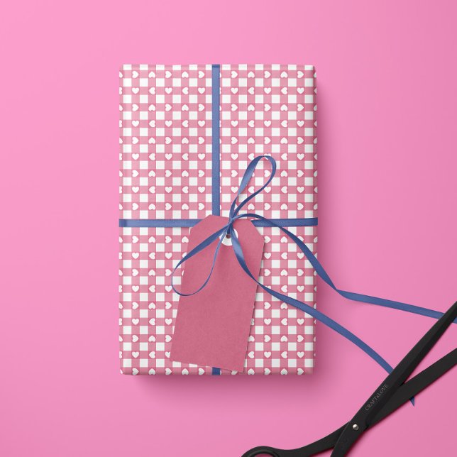 Papel De Regalo Pink Preppy Gingham Hearts- Wrapping Paper Roll (Subido por el creador)