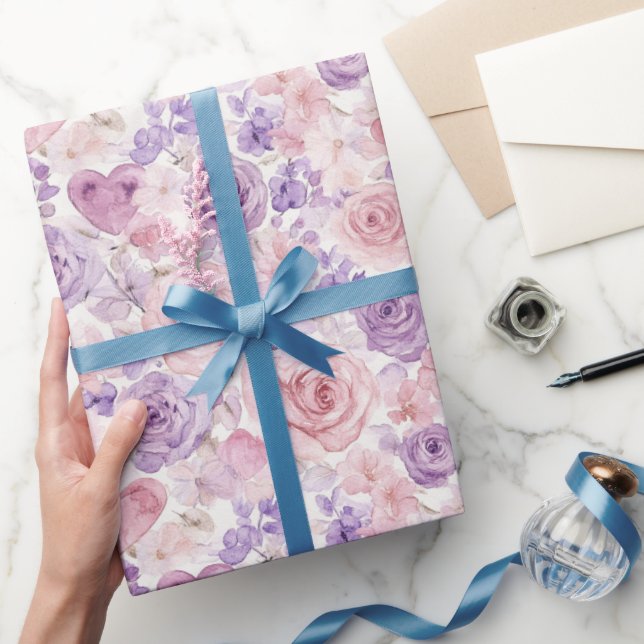 Papel De Regalo Pink Purple Blush Flowers Hearts Valentine's Day (Regalar)