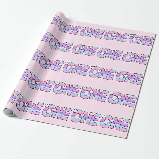 Papel De Regalo Pink Purple Ombre Stripes Hearts First Birday (Desenrollado)