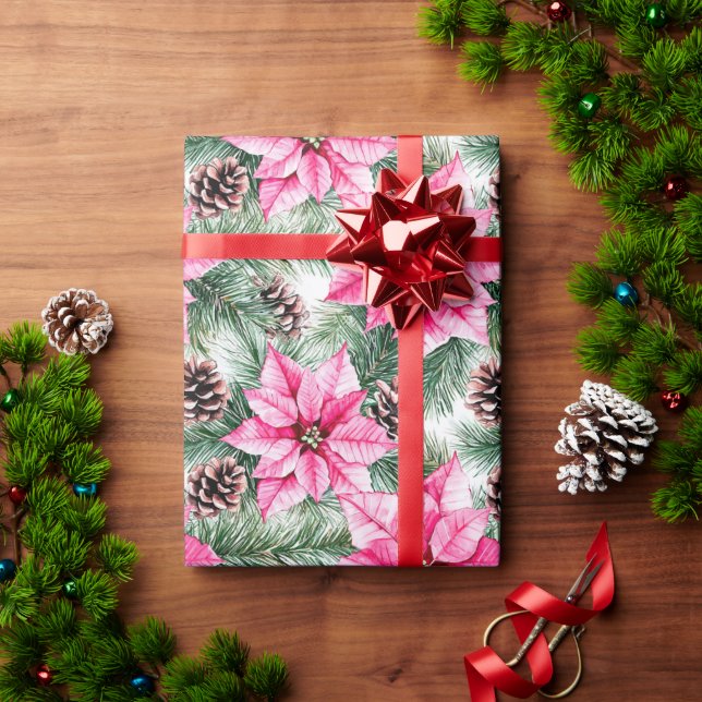 Papel De Regalo Pink Silver Glam Poinsettia Flowers Christmas (Regalo de vacaciones)