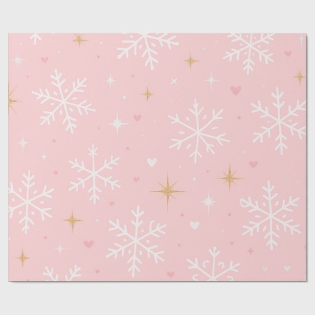 Papel De Regalo Pink Snowflake & Gold Sparkle Christmas  (Superficie plana)