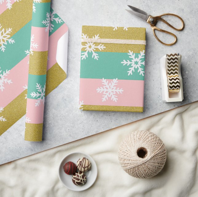 Papel De Regalo Pink Teal and Gold Stripes With Snowflakes (Artesanía)