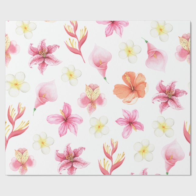Papel De Regalo Pink Tropical Watercolor Floral Pattern (Superficie plana)