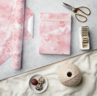 Papel De Regalo Pink Valentine Clouds Sky with Glowing Hearts