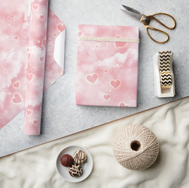 Papel De Regalo Pink Valentine Clouds Sky with Glowing Hearts (Artesanía)