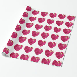 Papel De Regalo Pink Watercolor Heart & Gold Butterfly Valentine 