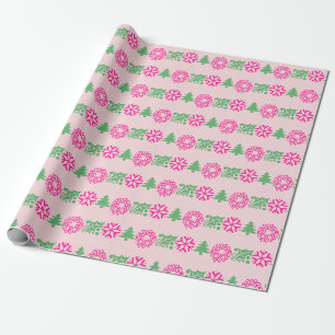 Papel De Regalo Pink y Green Christmas Tree Holly Wreath