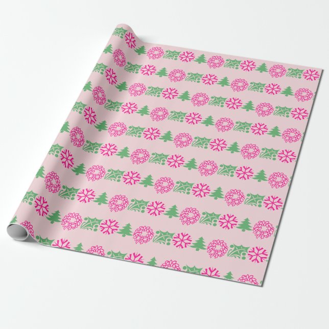 Papel De Regalo Pink y Green Christmas Tree Holly Wreath (Desenrollado)