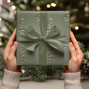 Papel De Regalo Pino acuarela verde sabio profundo
