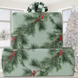 Papel De Regalo Pino Blanco Sprurito Verde Rojo Berries Garland Sa