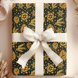 Papel De Regalo Pino Cónico Rústico Dorado Verde Navidad Fiesta