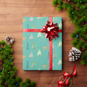 Papel De Regalo Pino de Navidad con Patrón de Acuarela Turquesa