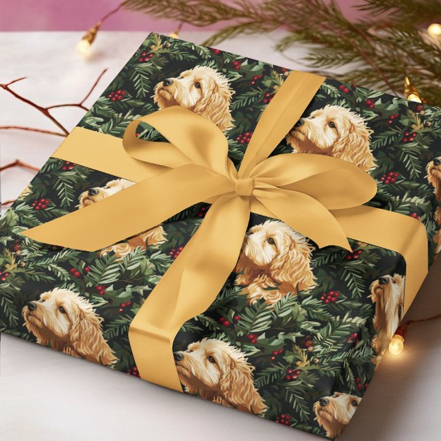 Papel De Regalo Pino de Navidad del perro Goldendoodle (Subido por el creador)