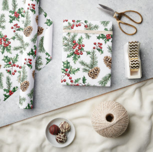 Papel De Regalo Pino festivo y cerezas Navidad